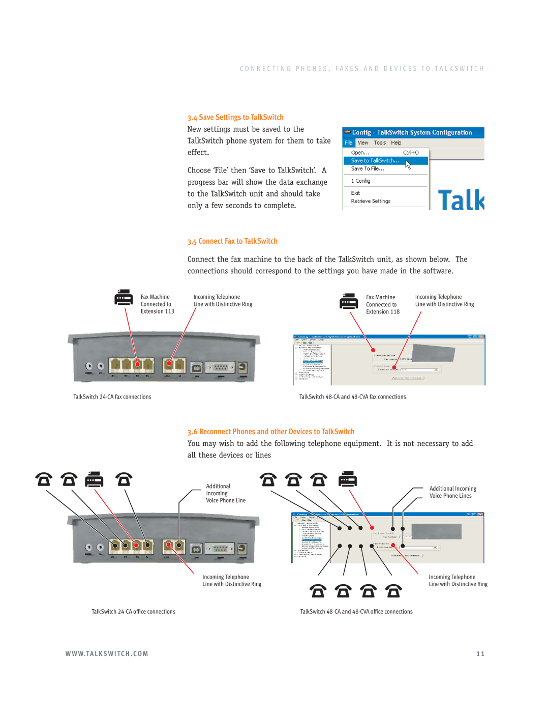 Talkswitch E3 Save Settings to TalkSwitch, Connect Fax to TalkSwitch, Reconnect Phones and other Devices to TalkSwitch 