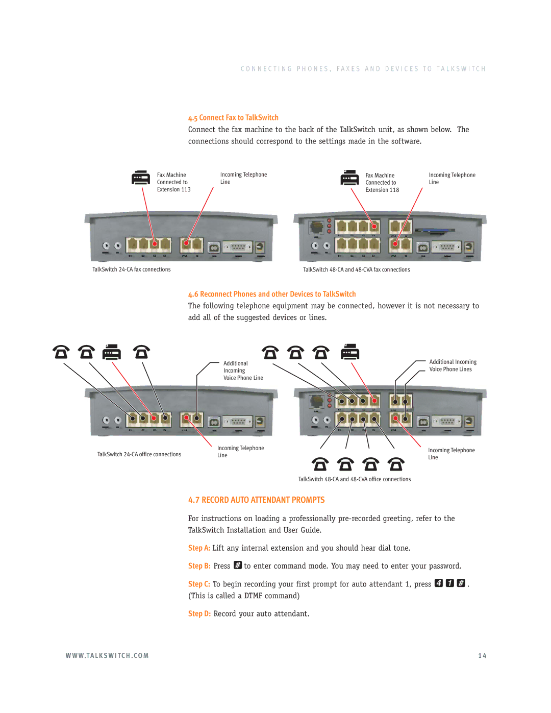 Talkswitch E3 manual Record Auto Attendant Prompts, Connect Fax to TalkSwitch 