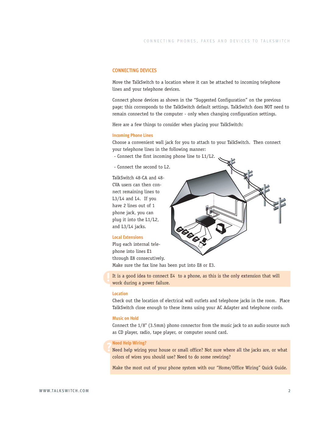 Talkswitch E3 manual Connecting Devices, Incoming Phone Lines, Local Extensions, Location, Music on Hold 