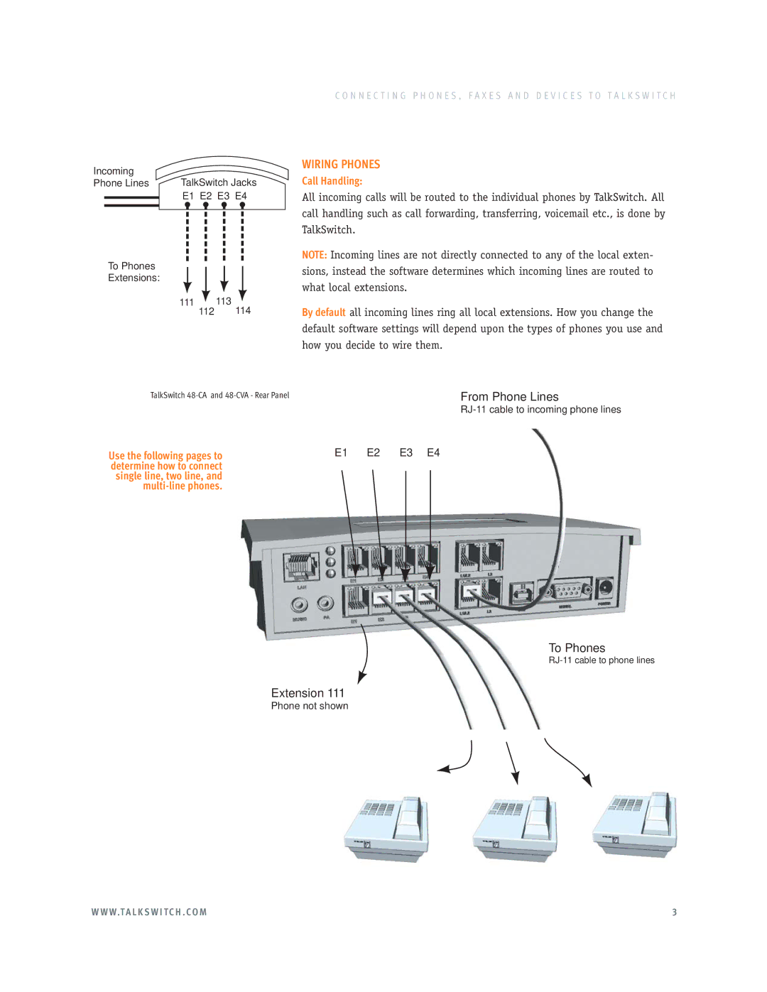 Talkswitch E3 manual Wiring Phones, Call Handling 