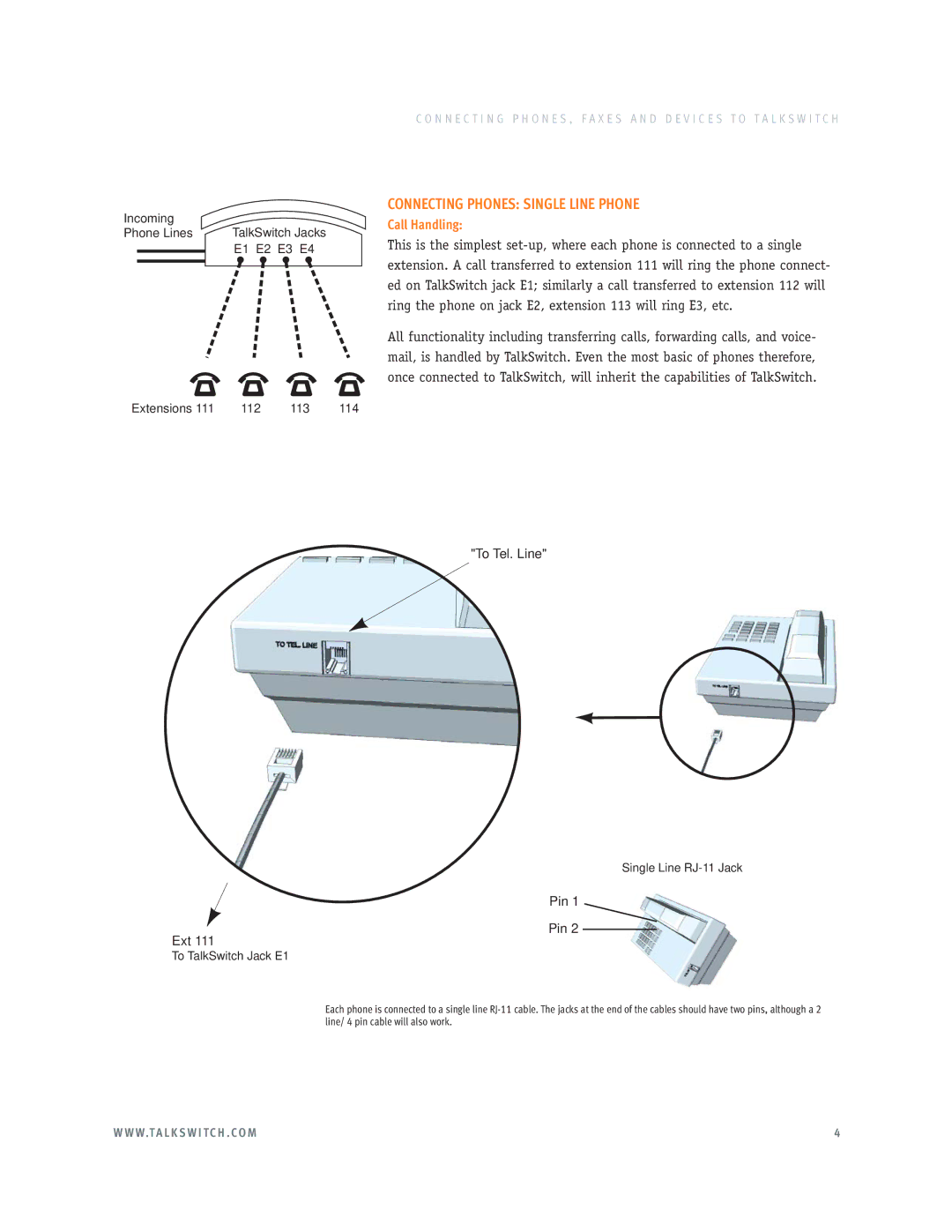 Talkswitch E3 manual Connecting Phones Single Line Phone, To Tel. Line, Pin Ext 