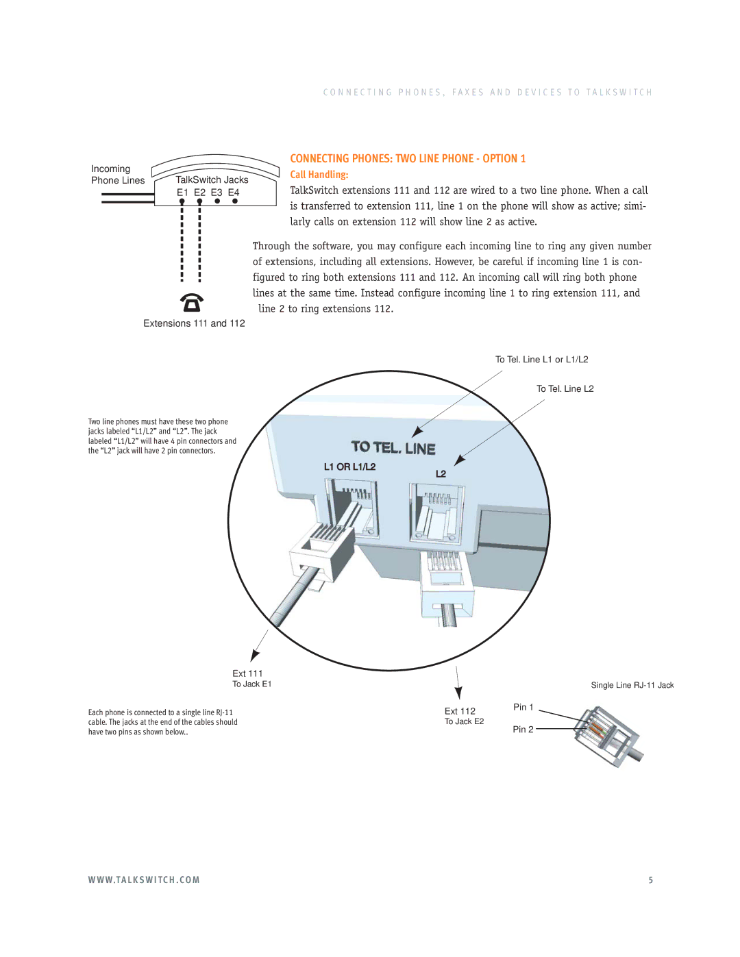 Talkswitch E3 manual Connecting Phones TWO Line Phone Option, Extensions 111 