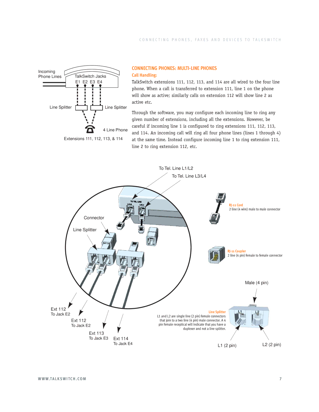 Talkswitch E3 manual Connecting Phones MULTI-LINE Phones, To Tel. Line L1/L2 To Tel. Line L3/L4, Connector Line Splitter 