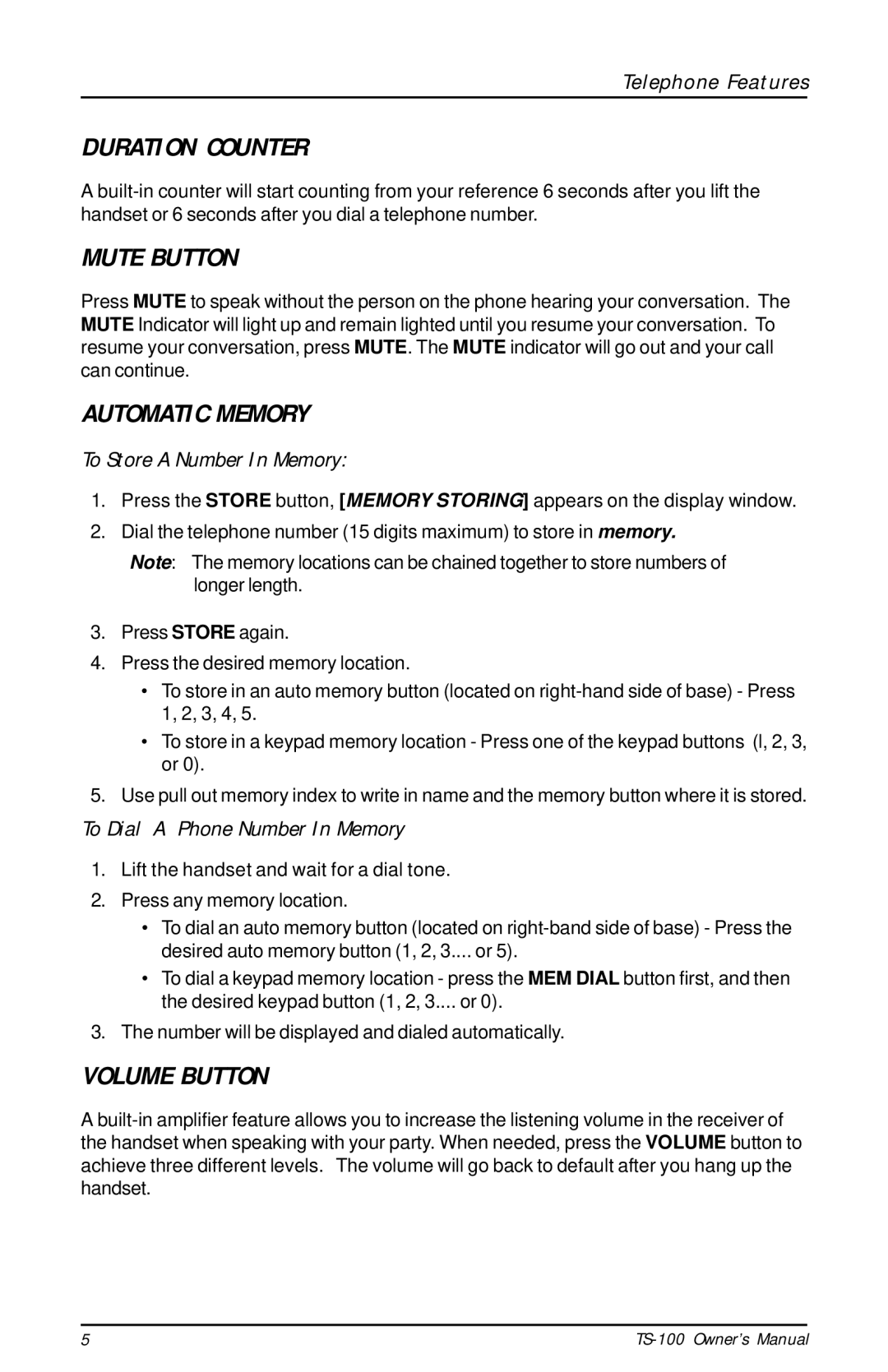 Talkswitch TS-100 instruction manual Duration Counter, Mute Button, Automatic Memory, Volume Button 