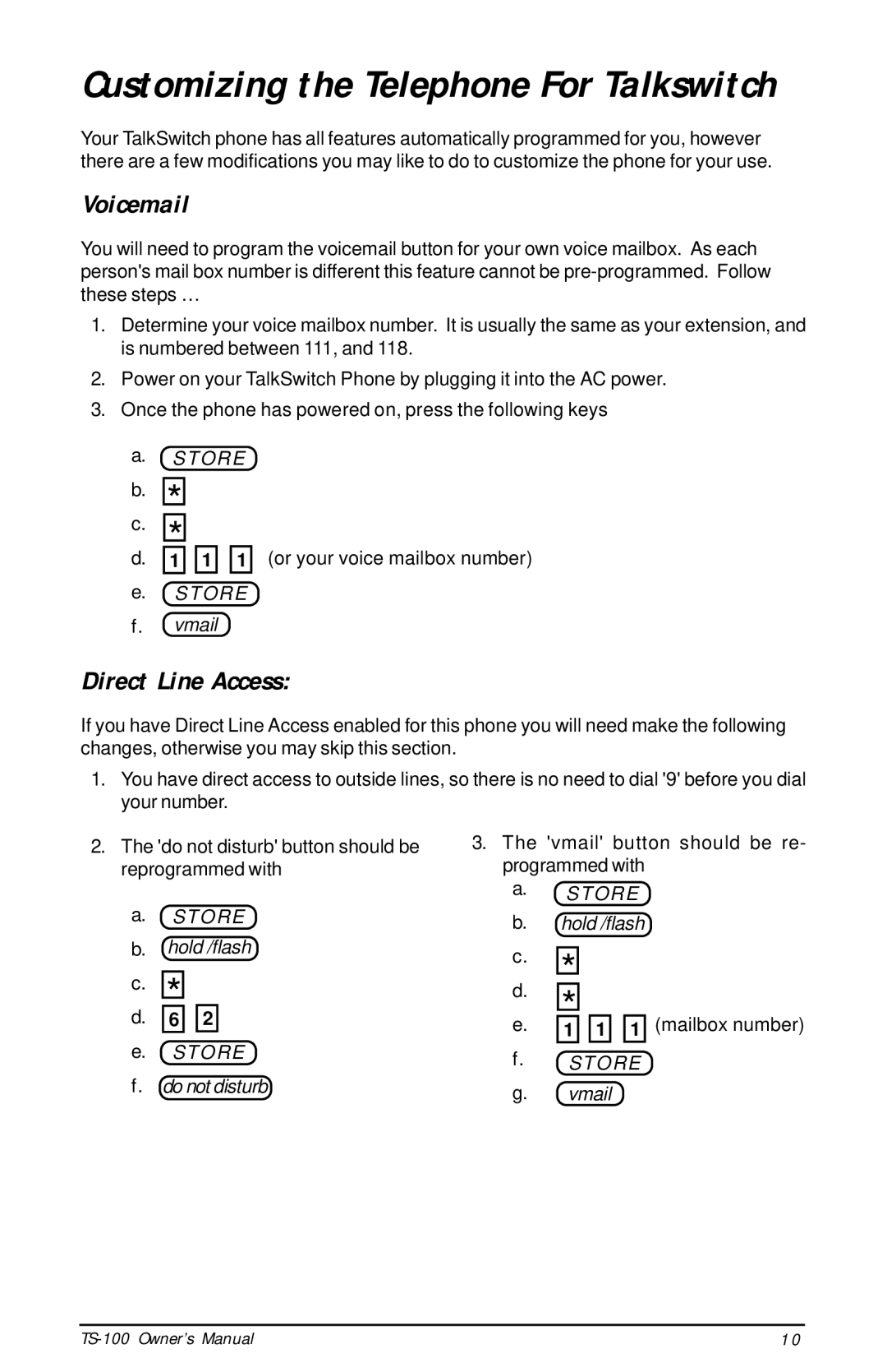 Talkswitch TS-100 instruction manual Customizing the Telephone For Talkswitch 