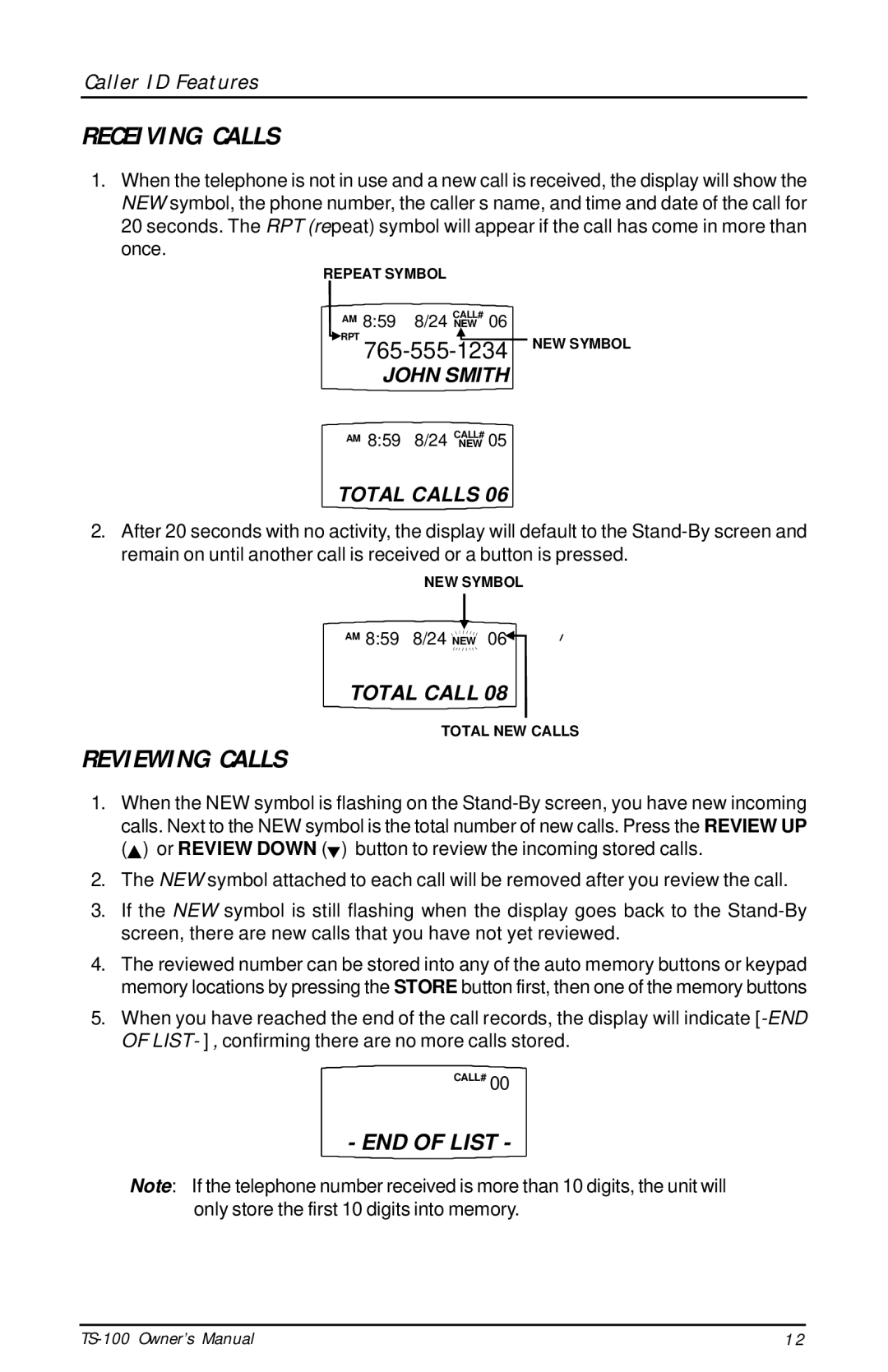 Talkswitch TS-100 instruction manual Receiving Calls, Reviewing Calls, Caller ID Features 