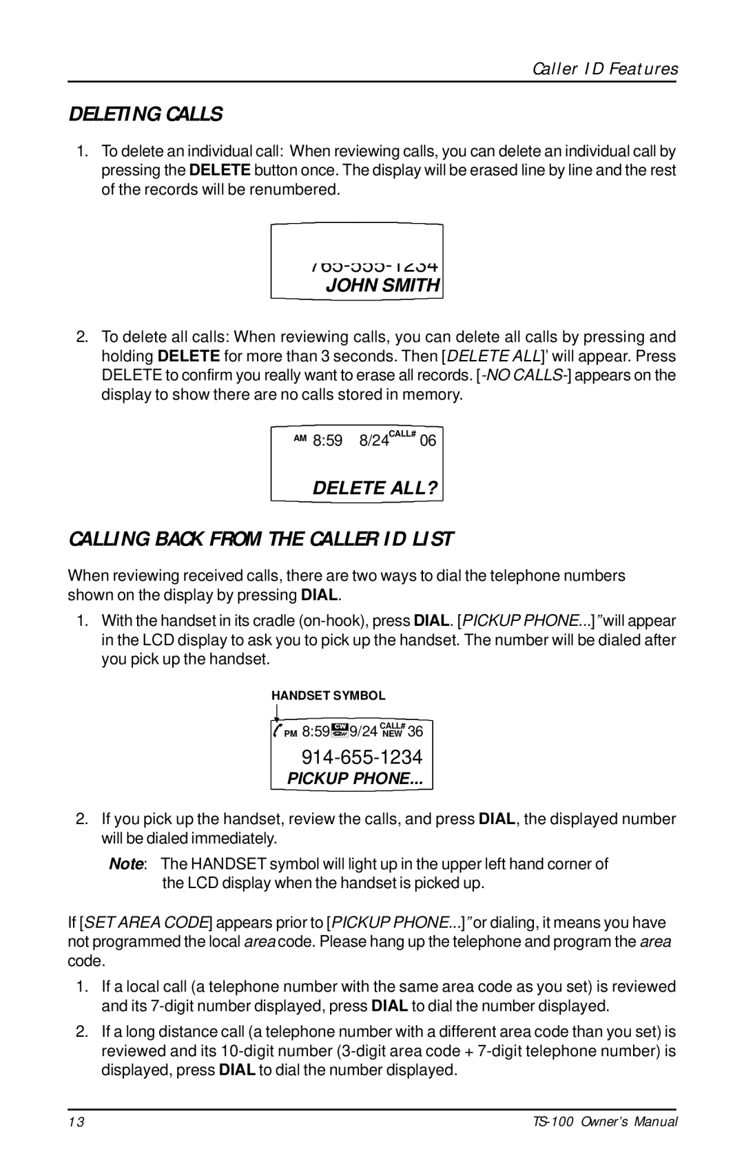 Talkswitch TS-100 instruction manual Deleting Calls, Calling Back from the Caller ID List 