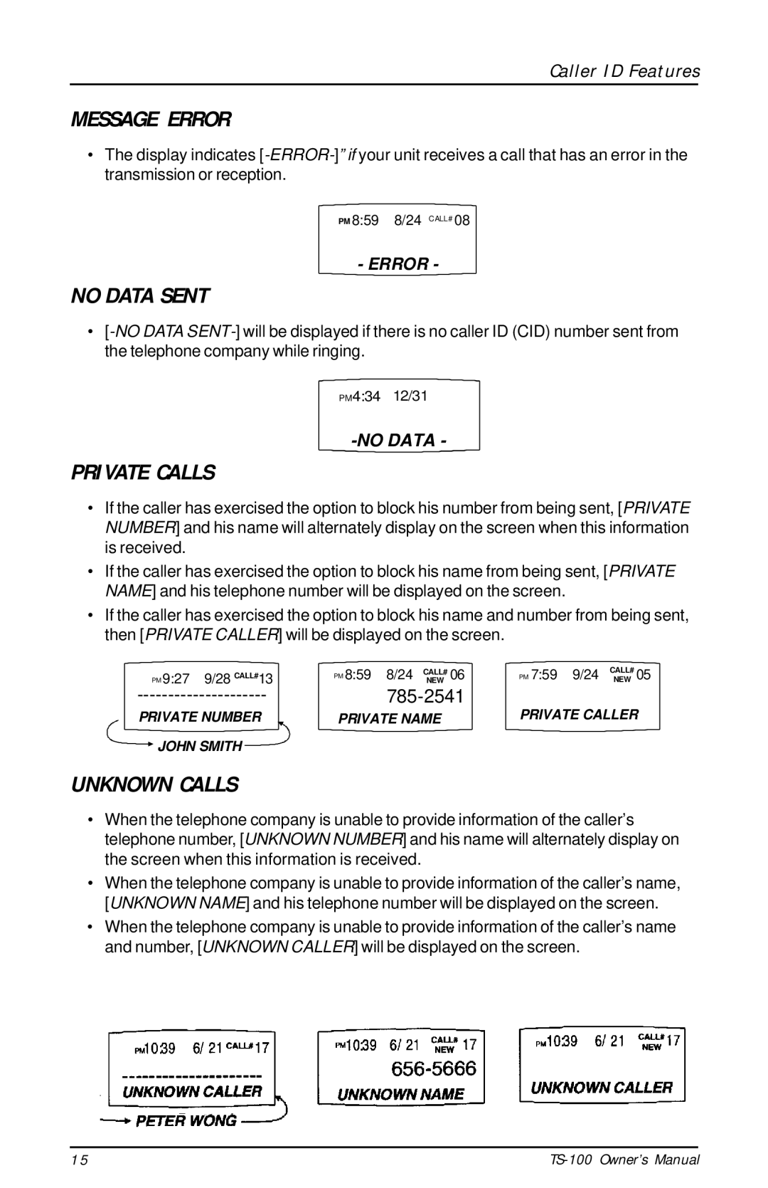 Talkswitch TS-100 instruction manual Message Error, No Data Sent, Private Calls, Unknown Calls 