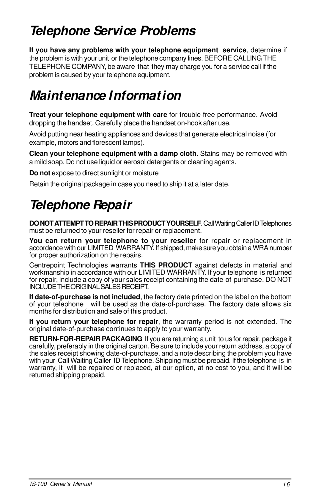 Talkswitch TS-100 instruction manual Telephone Service Problems, Maintenance Information, Telephone Repair 