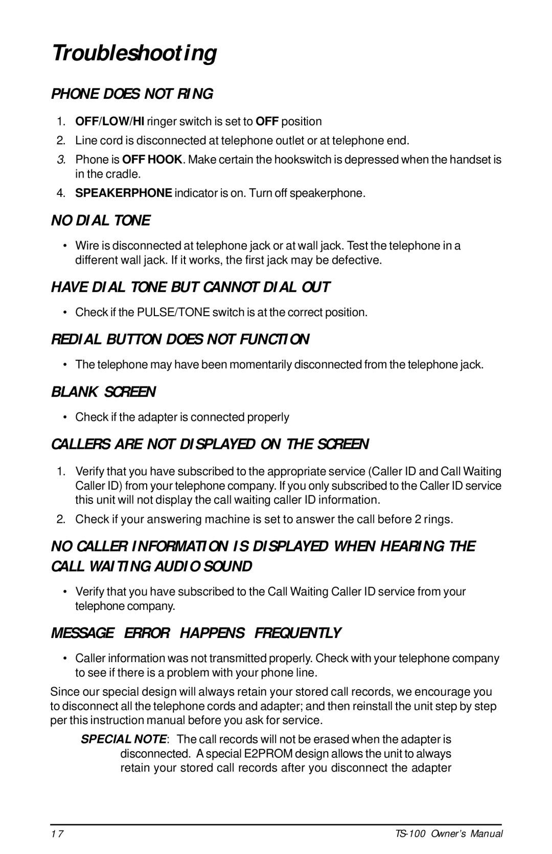 Talkswitch TS-100 instruction manual Troubleshooting 