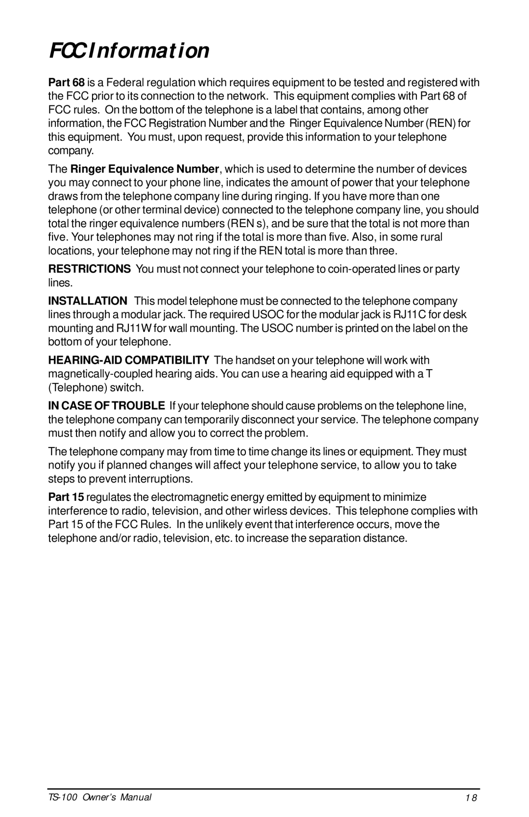 Talkswitch TS-100 instruction manual FCC Information 