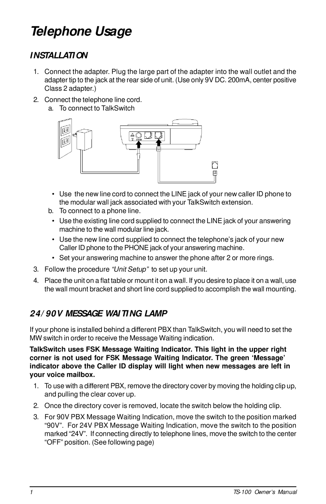 Talkswitch TS-100 instruction manual Telephone Usage, Installation, 24/90V Message Waiting Lamp 