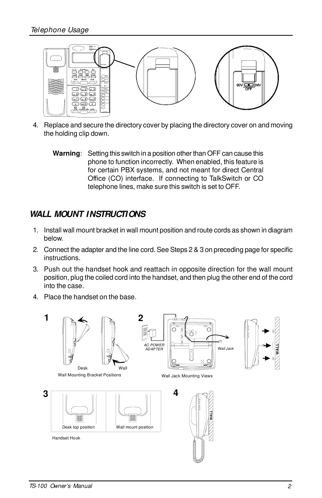 Talkswitch TS-100 instruction manual Wall Mount Instructions, Telephone Usage 