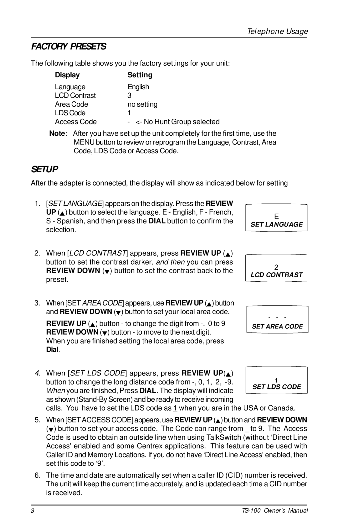 Talkswitch TS-100 instruction manual Factory Presets, Setup 