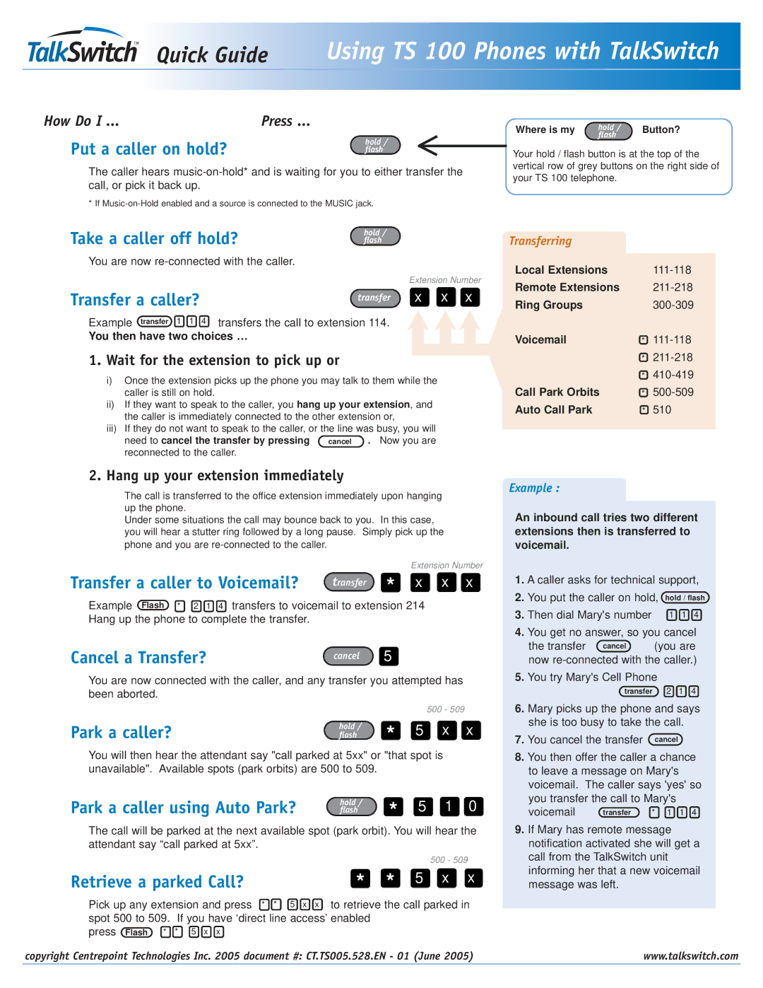 Talkswitch TS 100 manual Put a caller on hold?, Take a caller off hold?, Park a caller?, Park a caller using Auto Park? 