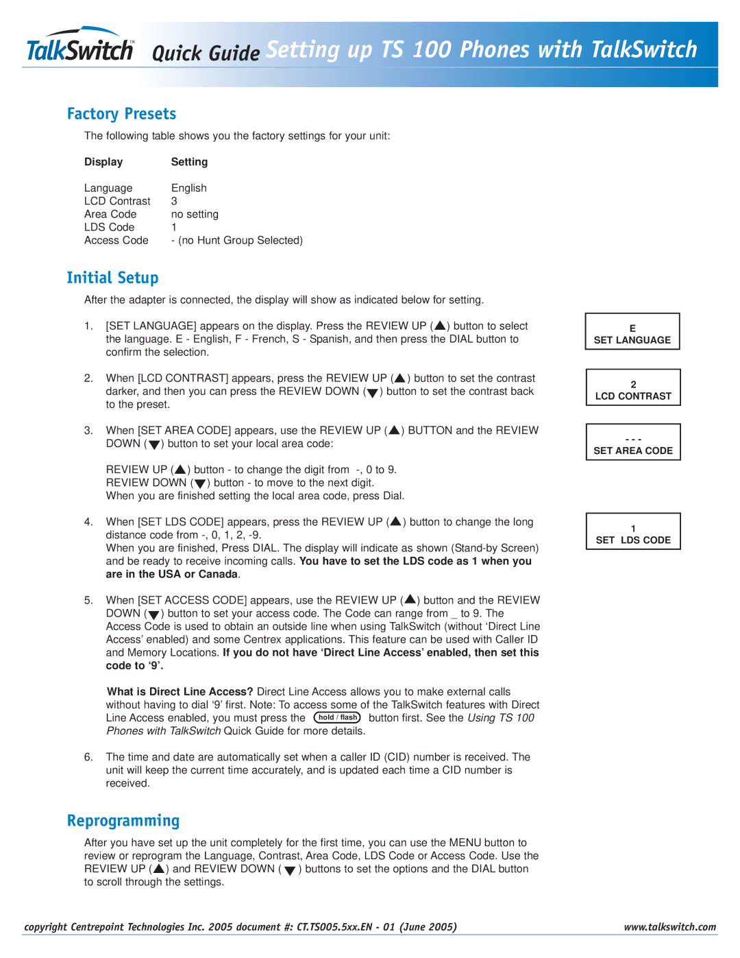 Talkswitch manual TM Quick Guide Setting up TS 100 Phones with TalkSwitch, Factory Presets, Initial Setup 