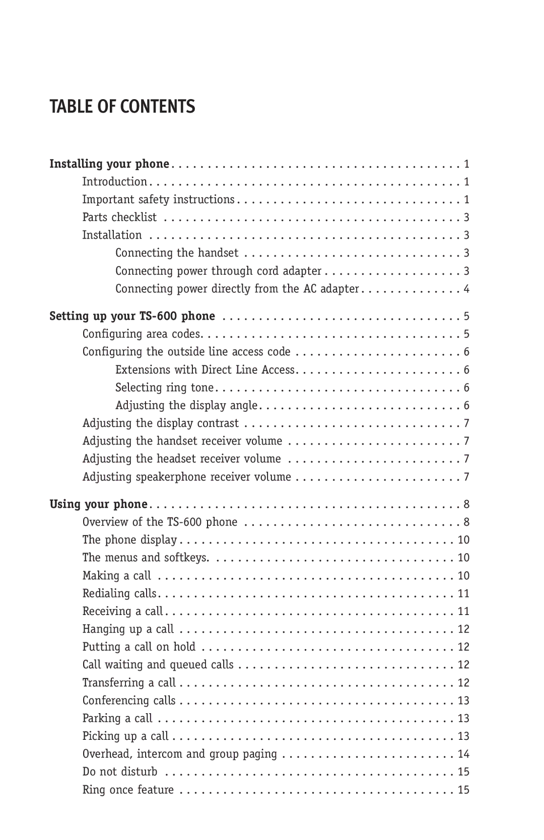 Talkswitch TS-600 manual Table of Contents 