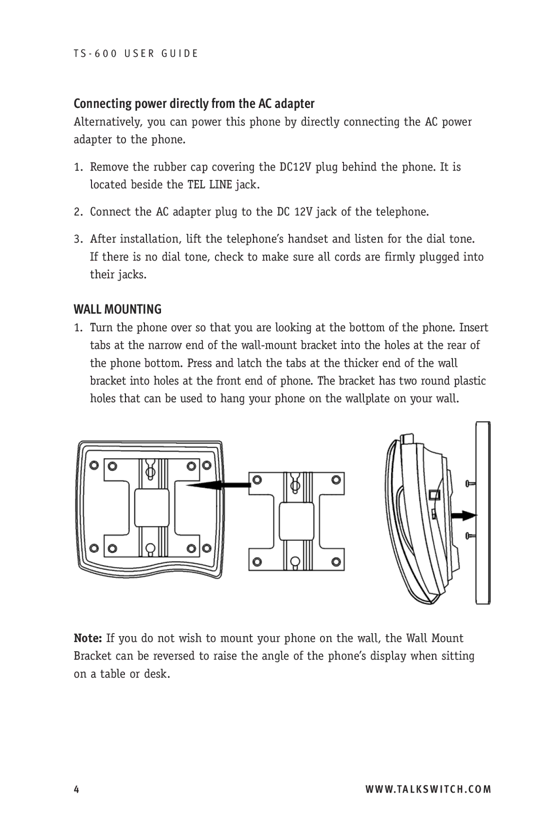 Talkswitch TS-600 manual Connecting power directly from the AC adapter, Wall Mounting 