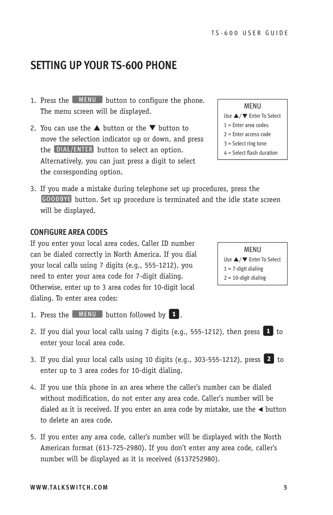 Talkswitch manual Setting UP Your TS-600 Phone, Configure Area Codes 