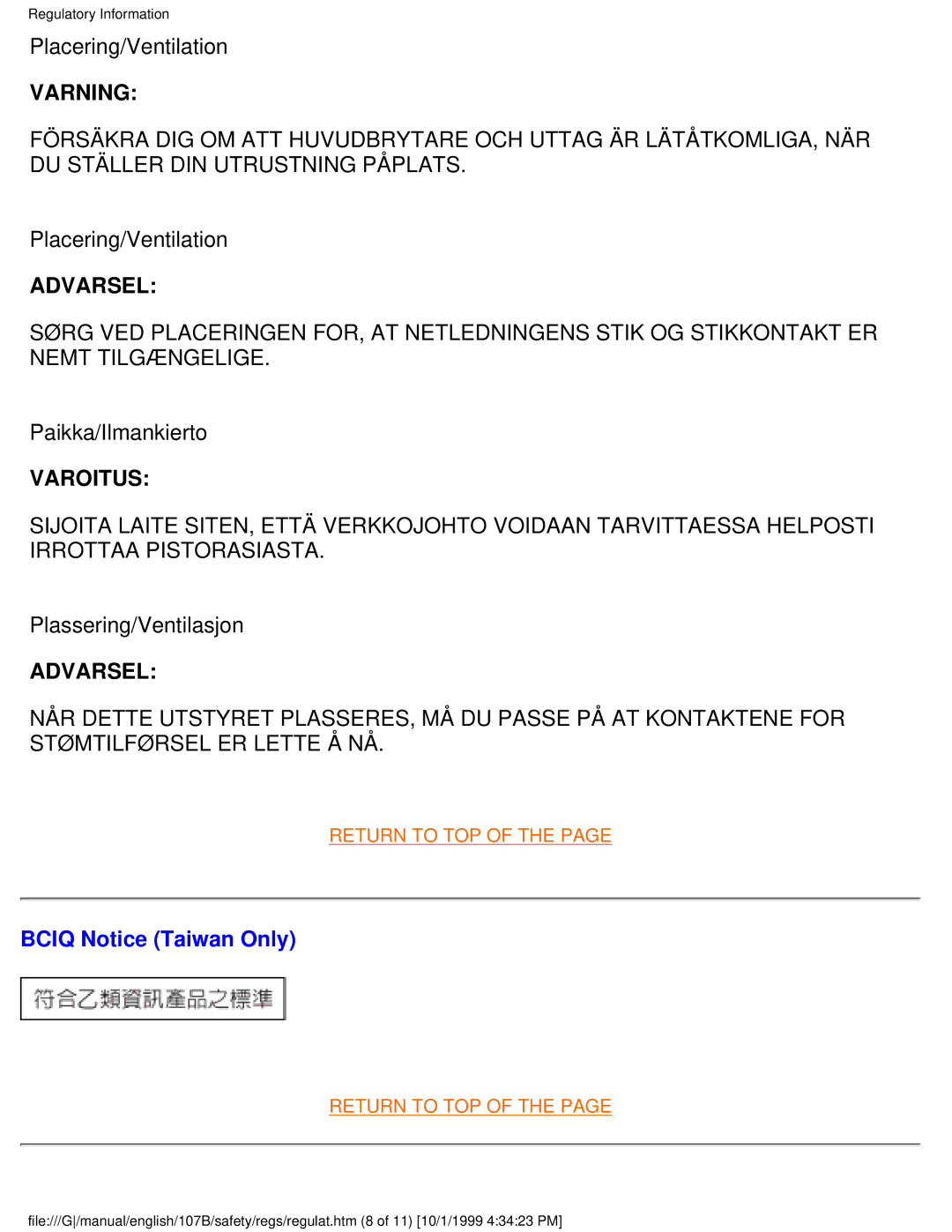 Tally Genicom 107B user manual Varning, Varoitus, Bciq Notice Taiwan Only 