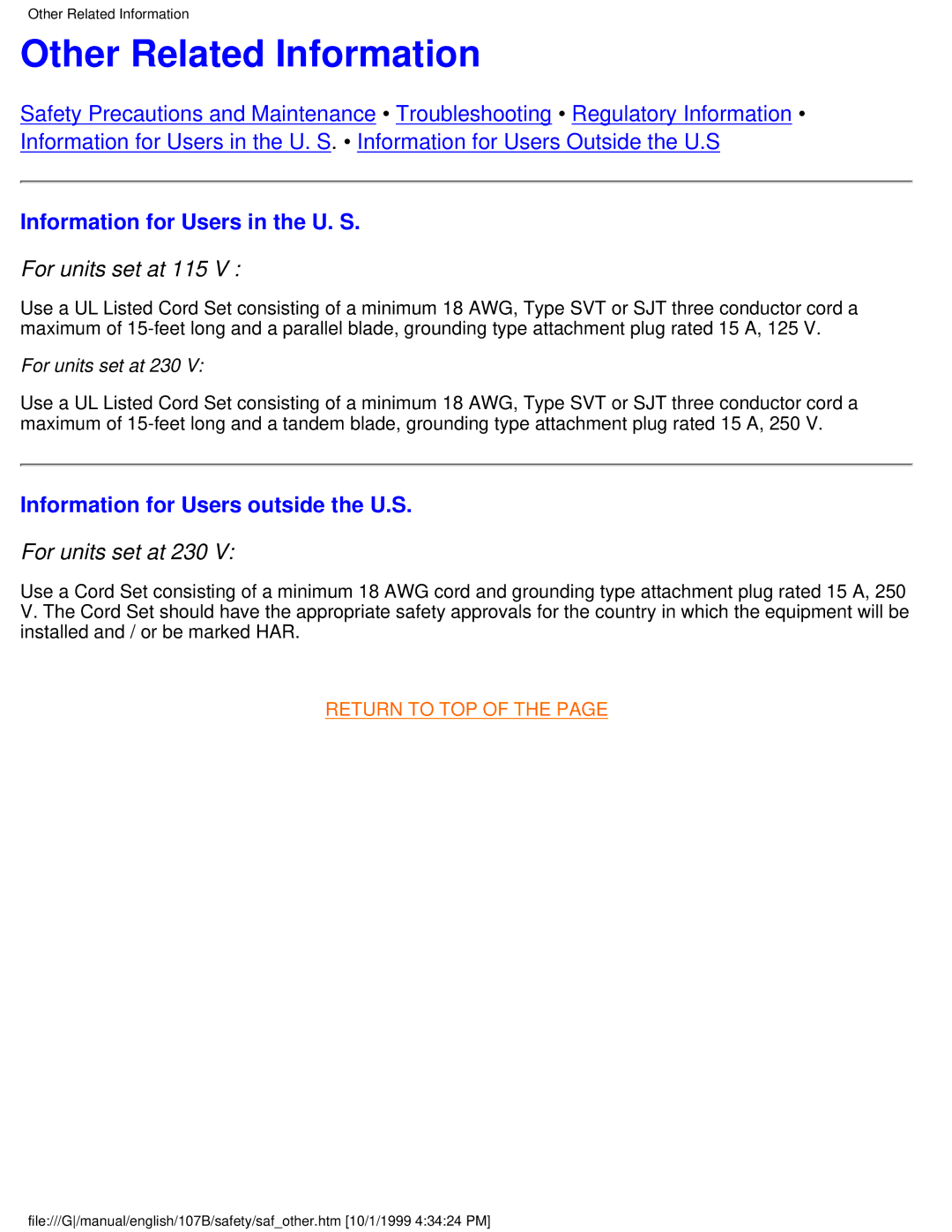 Tally Genicom 107B user manual Other Related Information, Information for Users in the U. S, For units set at 115 