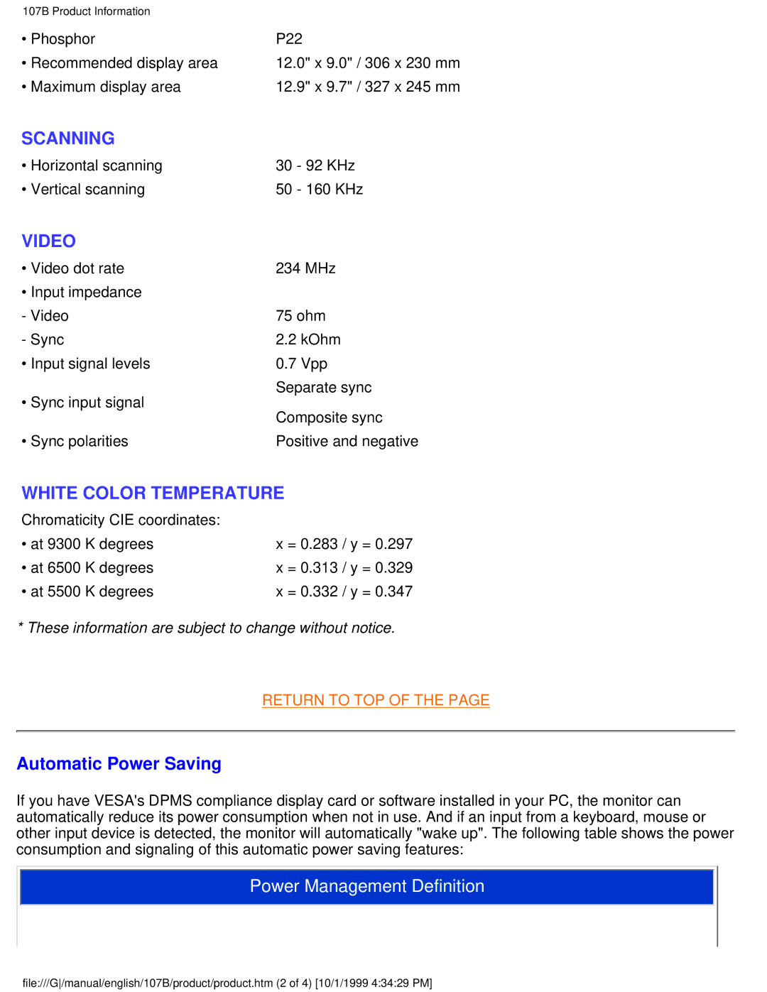 Tally Genicom 107B user manual Video, Automatic Power Saving 