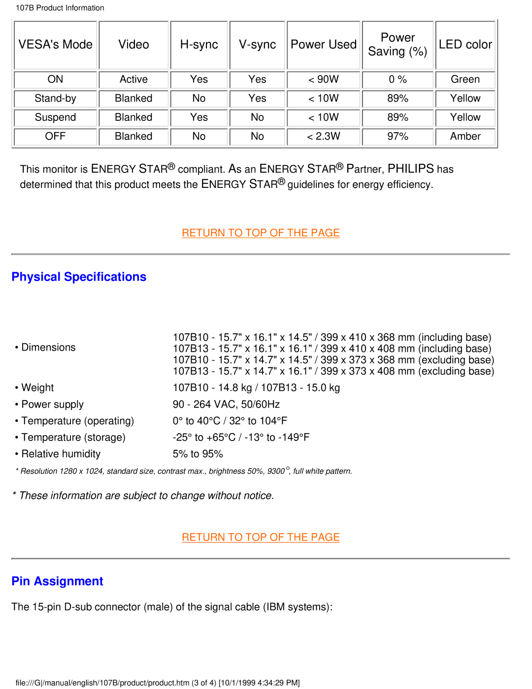 Tally Genicom 107B user manual Physical Specifications, Pin Assignment 