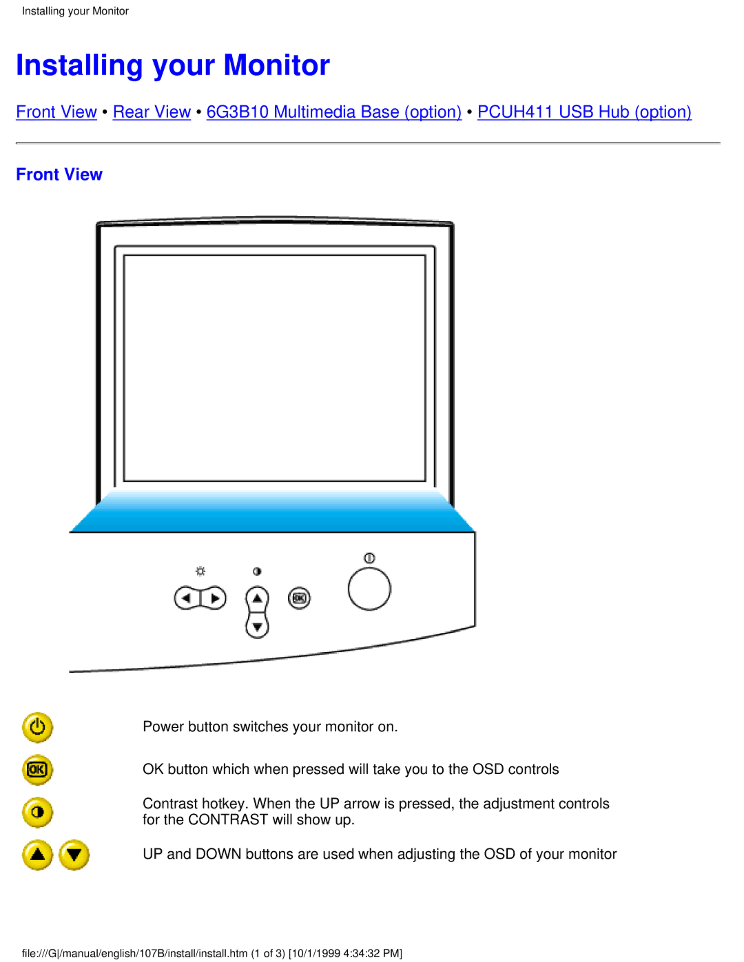 Tally Genicom 107B user manual Installing your Monitor, Front View 