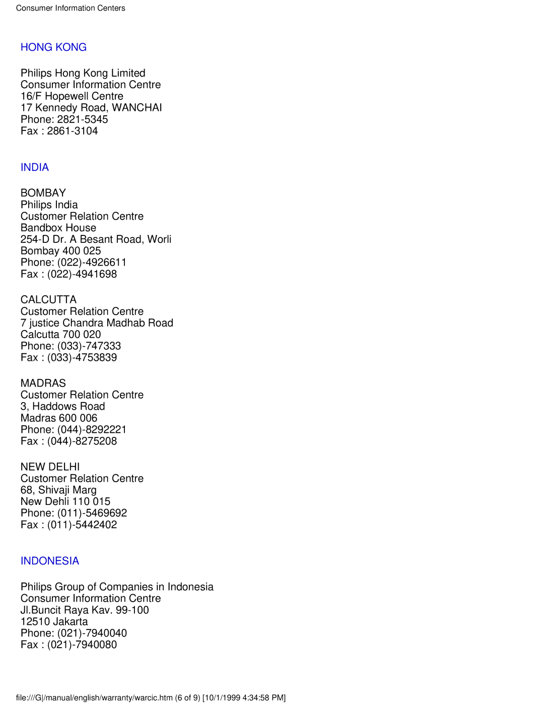 Tally Genicom 107B user manual Hong Kong, India, Indonesia 