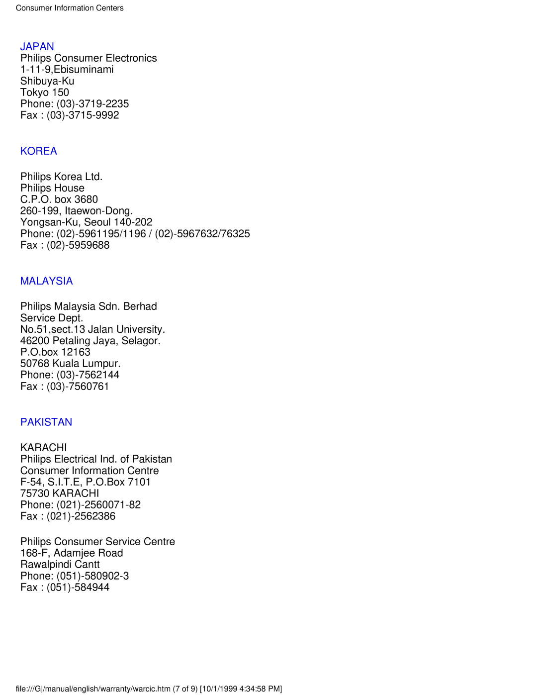 Tally Genicom 107B user manual Japan, Korea, Malaysia, Pakistan 