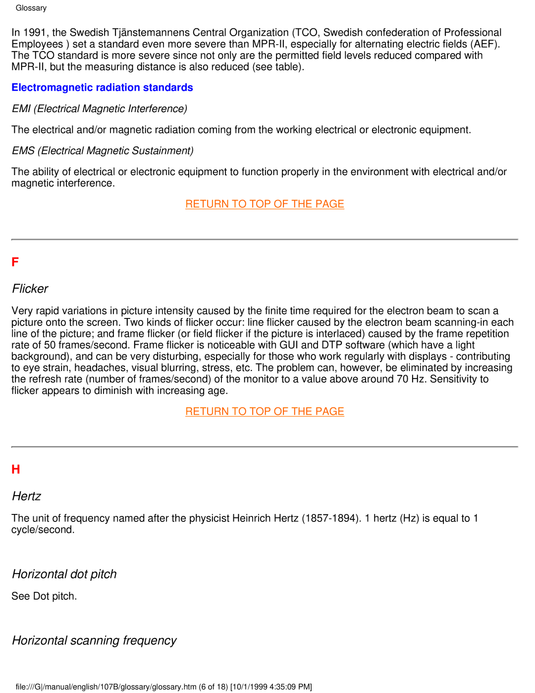 Tally Genicom 107B user manual Flicker, Hertz, Horizontal dot pitch, Horizontal scanning frequency 