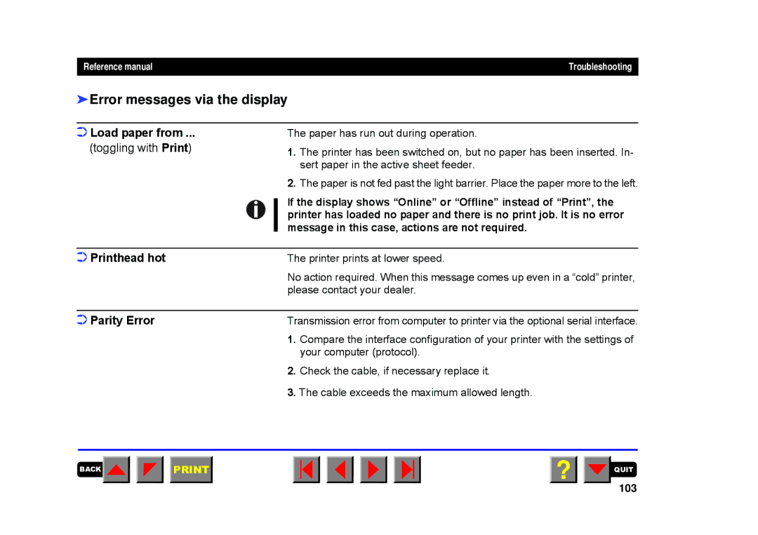 Tally Genicom 2150, 2250 manual Error messages via the display, 103 