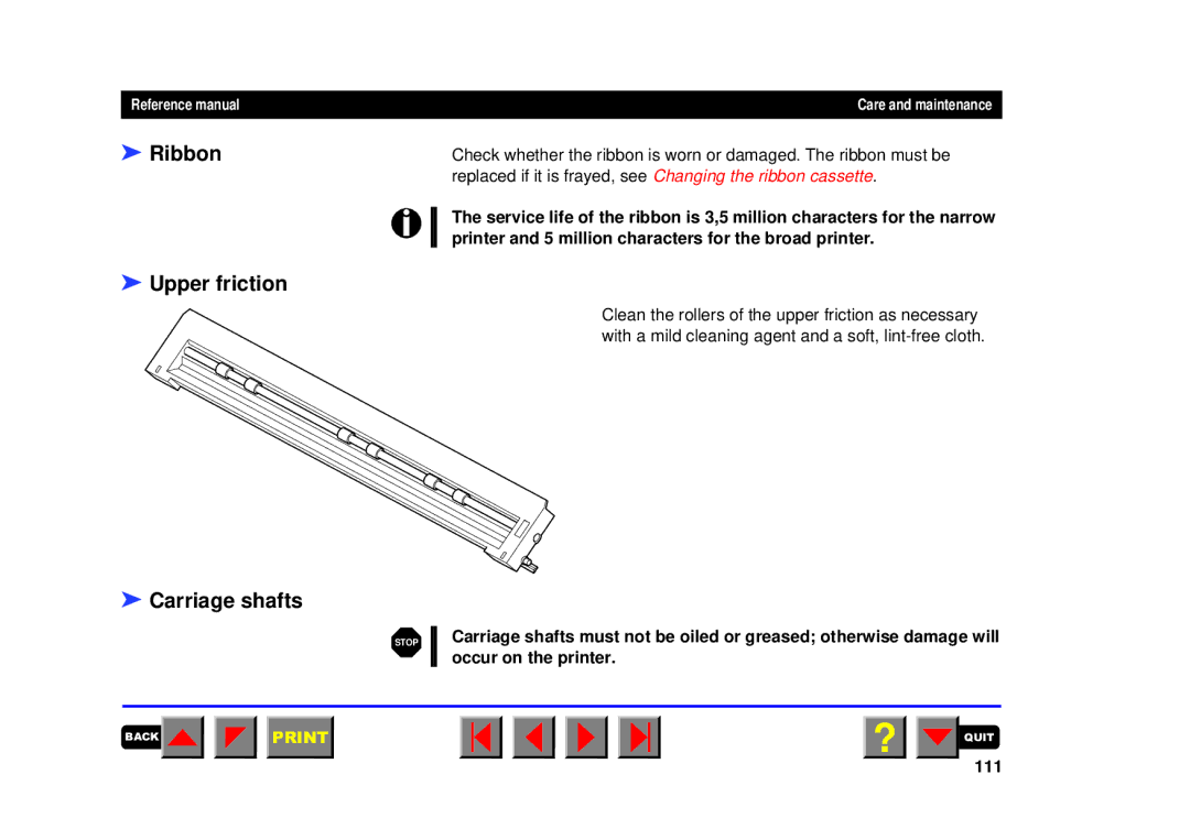 Tally Genicom 2150, 2250 manual Ribbon, Upper friction Carriage shafts, 111 