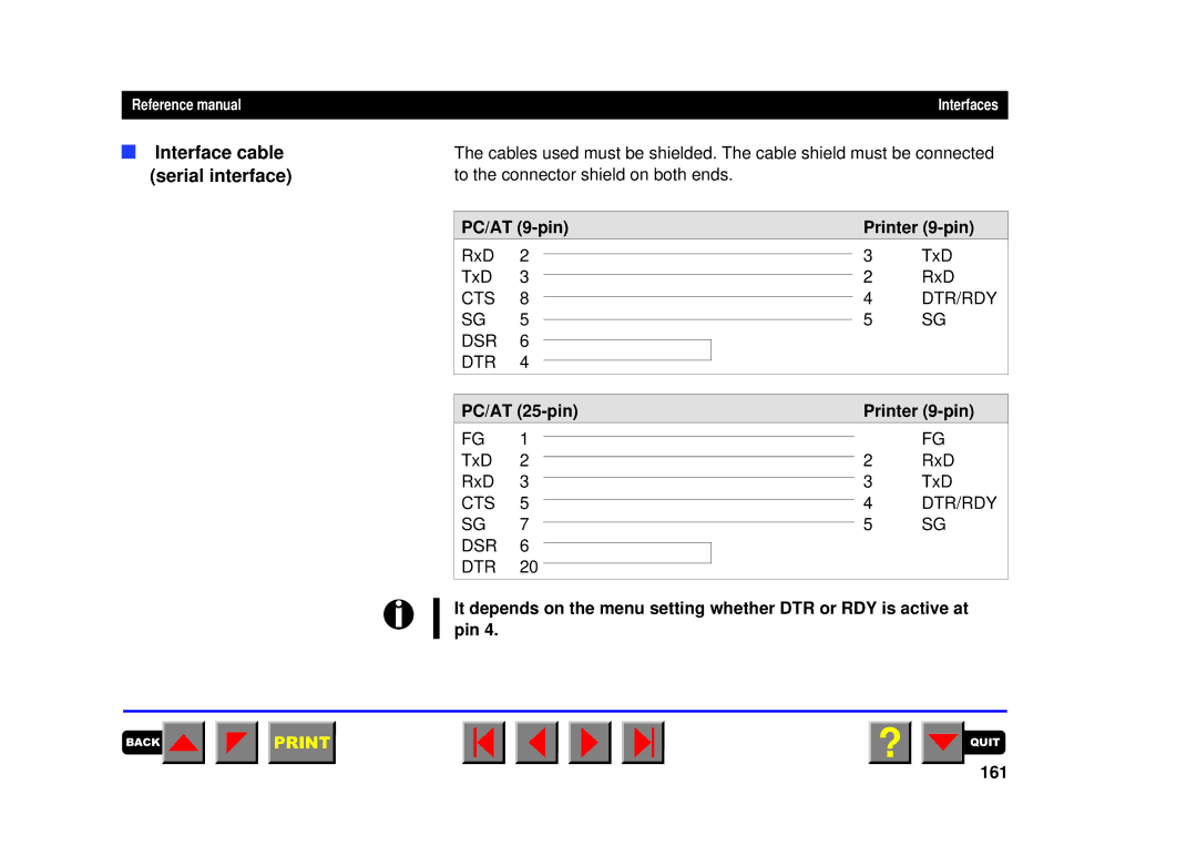 Tally Genicom 2150, 2250 manual Interface cable serial interface, PC/AT 9-pin Printer 9-pin, PC/AT 25-pin Printer 9-pin, 161 