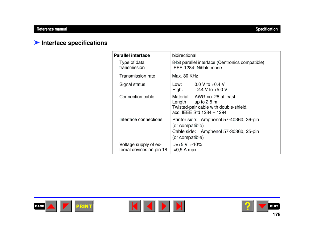 Tally Genicom 2150, 2250 manual Interface specifications, 175 