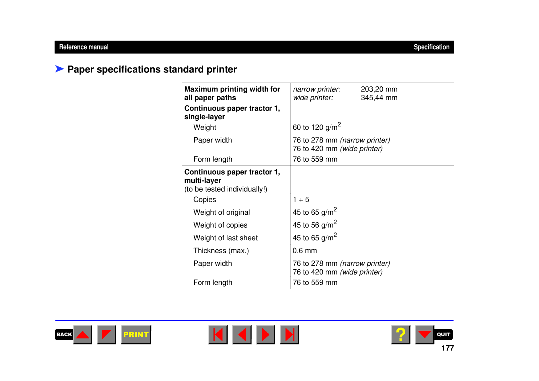 Tally Genicom 2150, 2250 manual Paper specifications standard printer, 177 