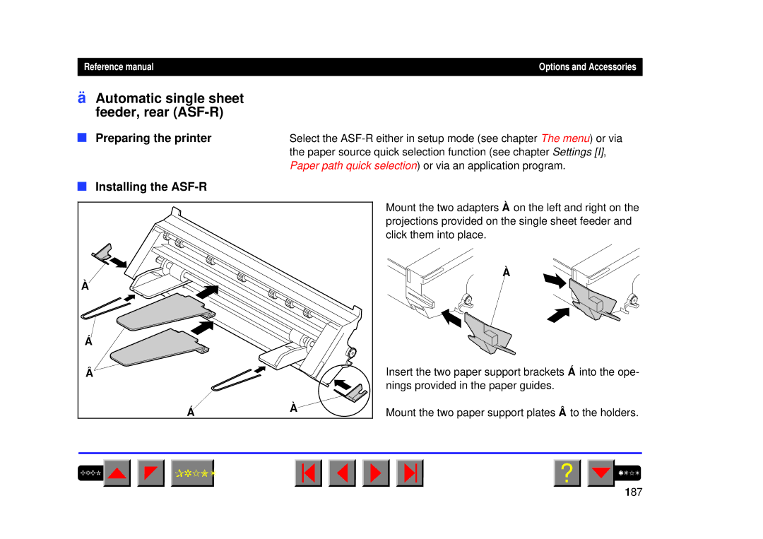Tally Genicom 2150, 2250 manual Automatic single sheet feeder, rear ASF-R, Installing the ASF-R, 187 