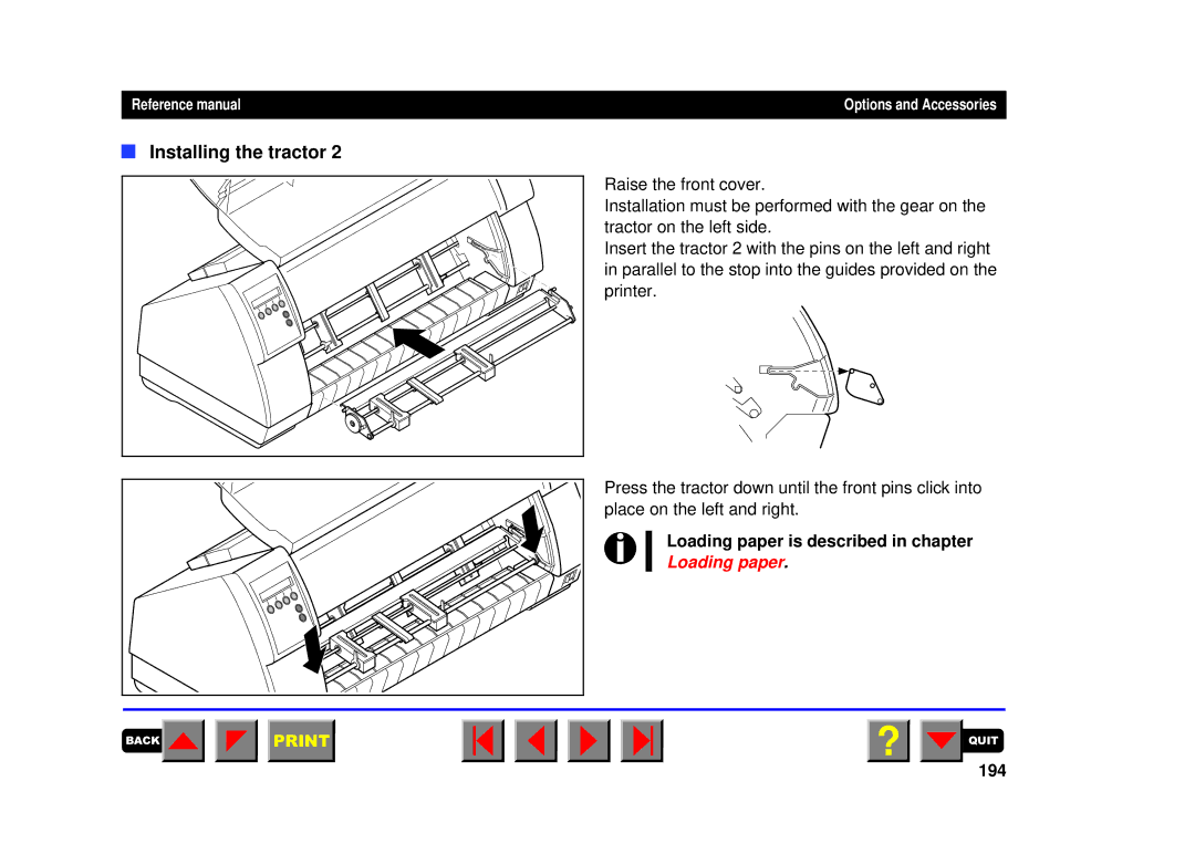 Tally Genicom 2250, 2150 manual Installing the tractor, Loading paper is described in chapter, 194 