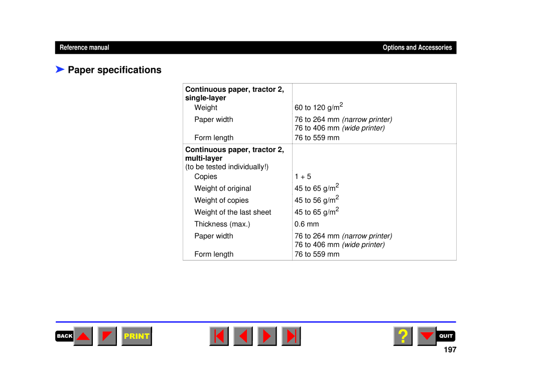 Tally Genicom 2150, 2250 manual Paper specifications, 197 