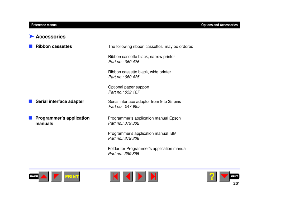 Tally Genicom 2150, 2250 manual Accessories, Ribbon cassettes, Programmer’s application, Manuals, 201 