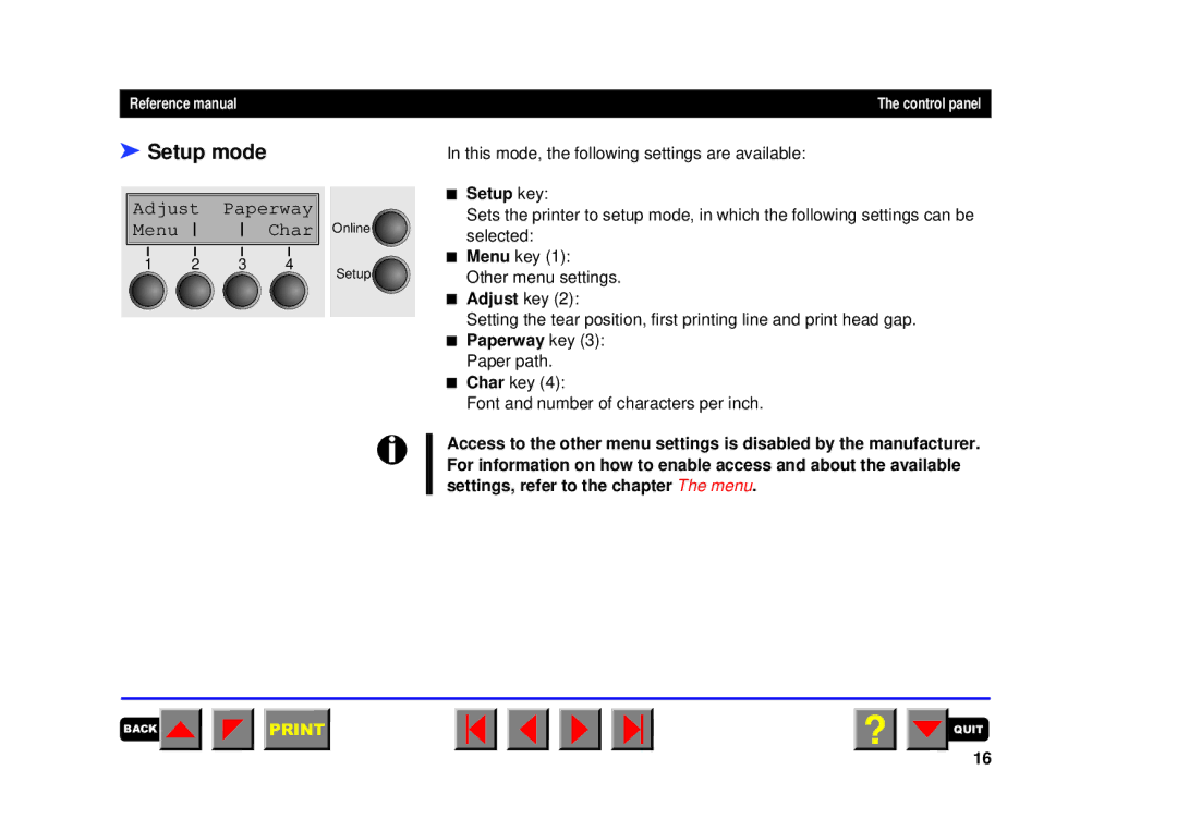 Tally Genicom 2250, 2150 manual Setup mode, Adjust Paperway Menu Char 