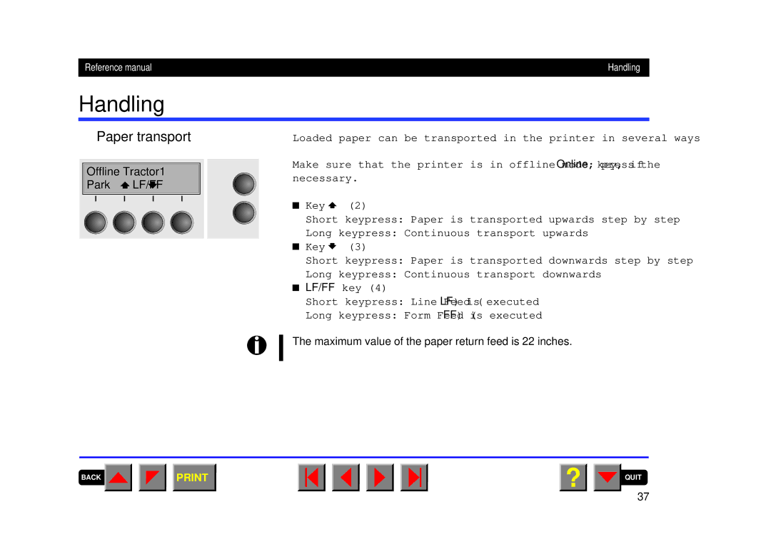 Tally Genicom 2150, 2250 manual Handling, Paper transport, Maximum value of the paper return feed is 22 inches 