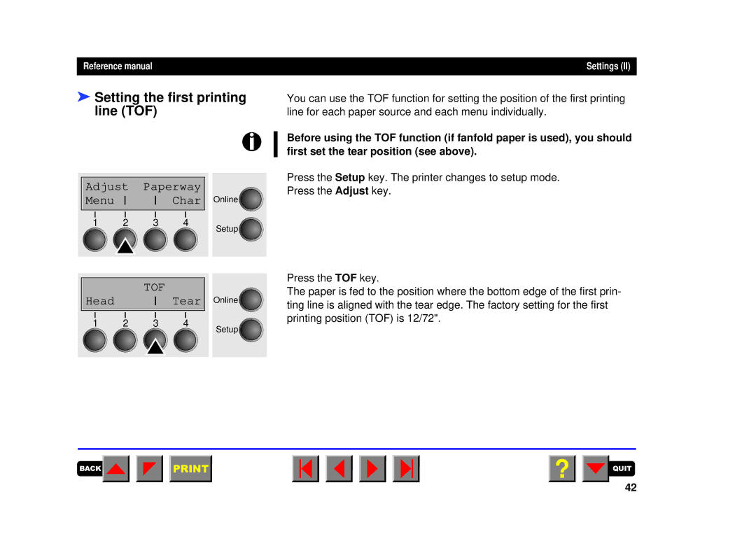 Tally Genicom 2250, 2150 manual Setting the first printing line TOF 