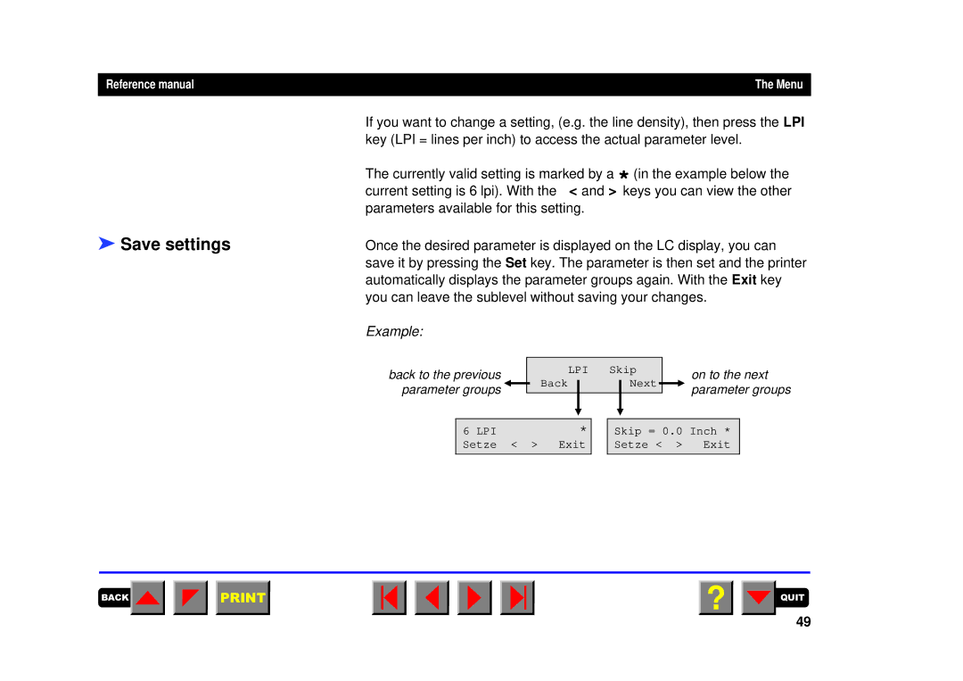 Tally Genicom 2150, 2250 manual Save settings, Example 