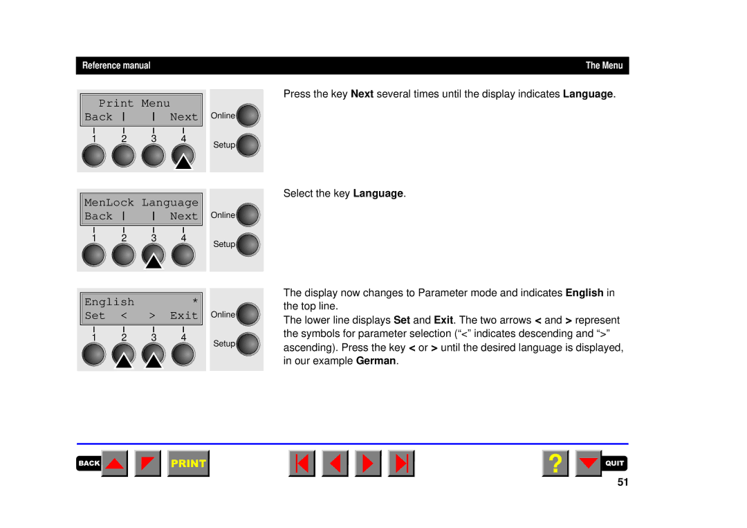 Tally Genicom 2150, 2250 manual MenLock Language Back Next, English * Set Exit 