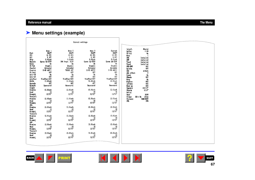 Tally Genicom 2150, 2250 manual Menu settings example 