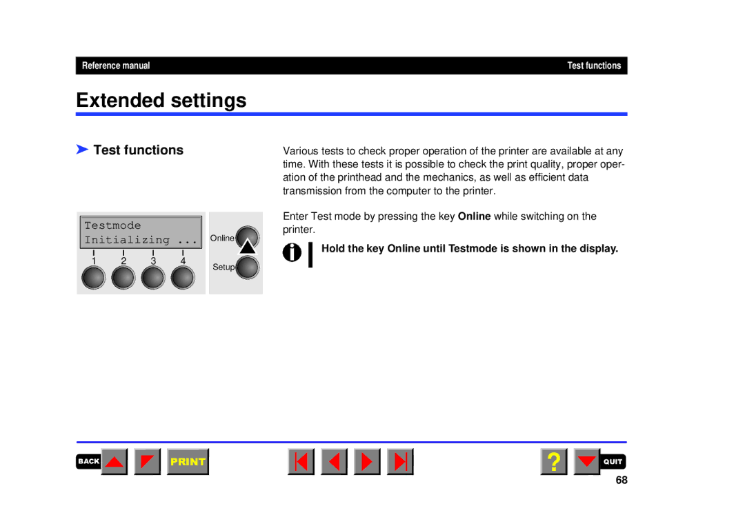 Tally Genicom 2250, 2150 Test functions, Testmode Initializing, Hold the key Online until Testmode is shown in the display 