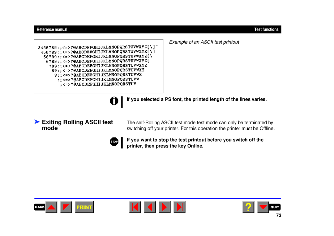 Tally Genicom 2150, 2250 manual Exiting Rolling Ascii test mode 