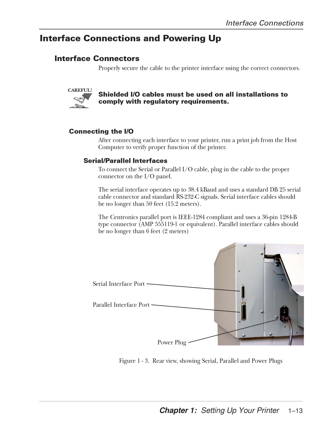 Tally Genicom 2900 manual Interface Connections and Powering Up, Interface Connectors, Serial/Parallel Interfaces 