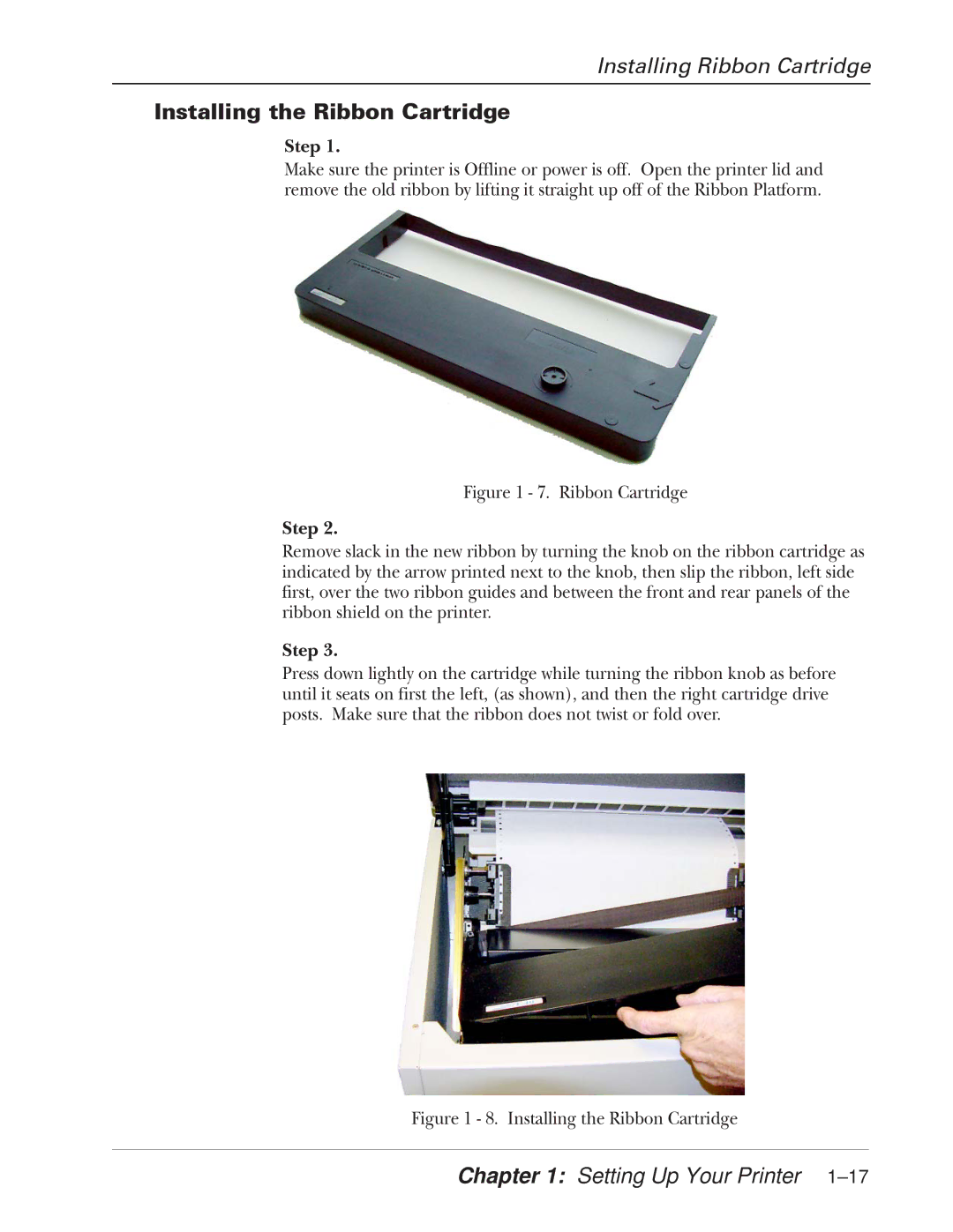 Tally Genicom 2900 manual Installing Ribbon Cartridge, Installing the Ribbon Cartridge 